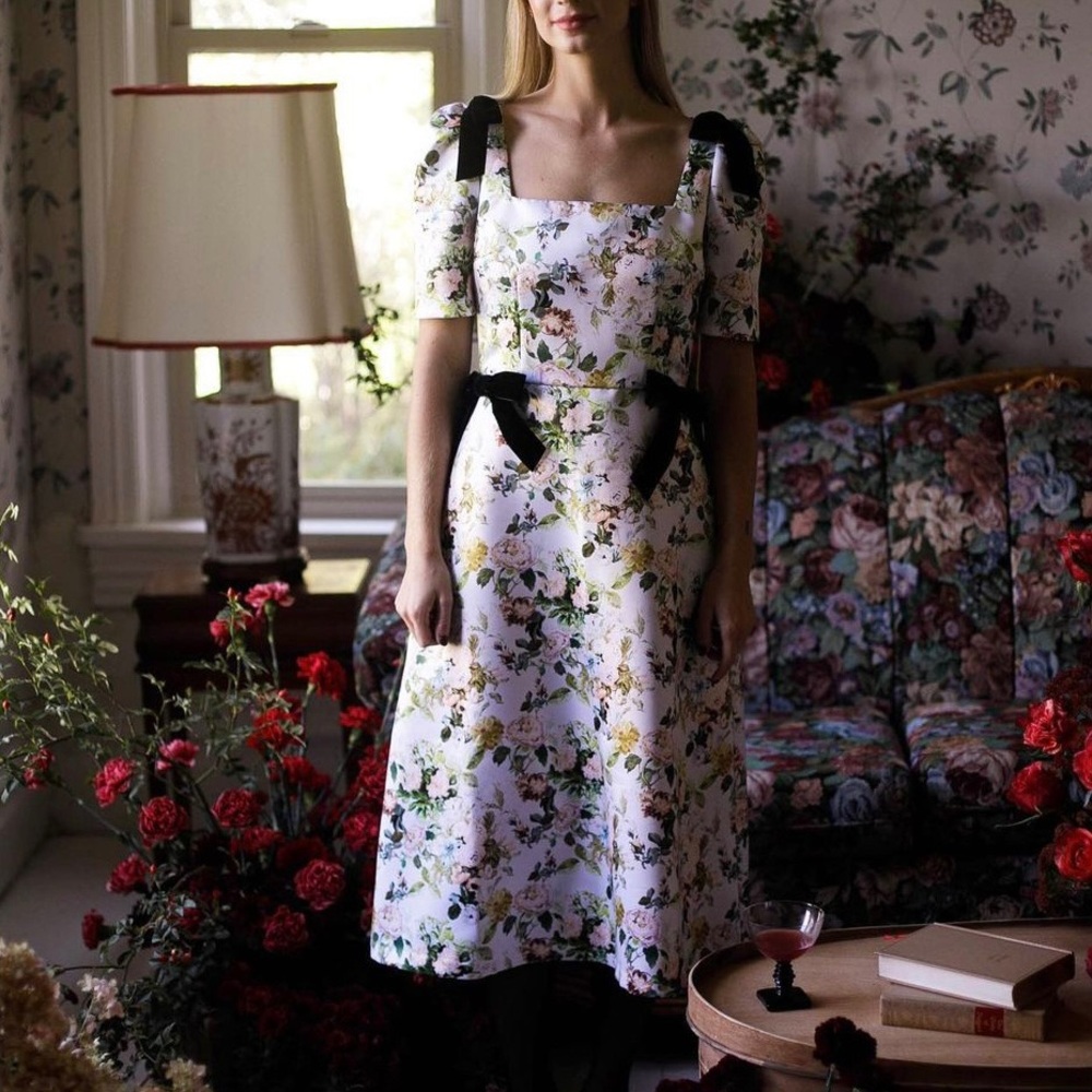 NEW Damaris Bailey Pearl Satin Dress (Sz S) Puff Sleeve Bow Winter Garden Floral